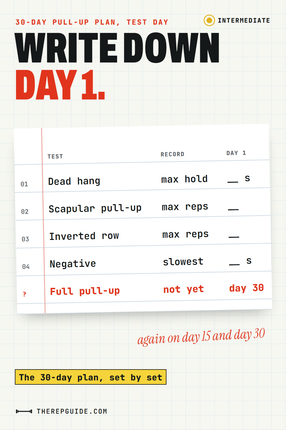 A tilted log sheet for a pull-up test day: dead hang max hold, scapular pull-up max reps, inverted row max reps, negative seconds down, and a red row: full pull-up, not yet, day 30.